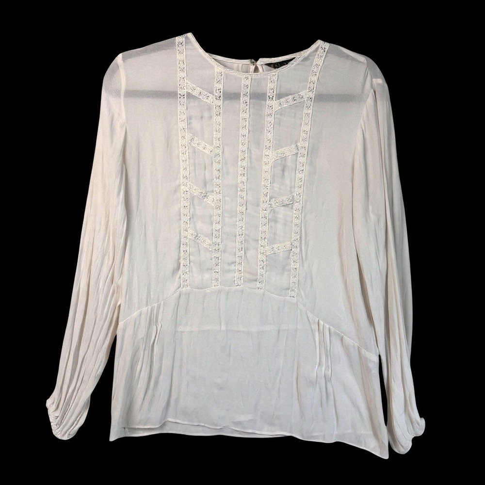 Zara Blouse Top Women's Size Large Basic Ivory Long Sleeve Lace Sheer‎ Romantic